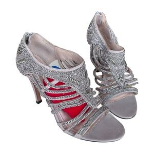Silver Jeweled Strappy High Heel Sandals - Women's